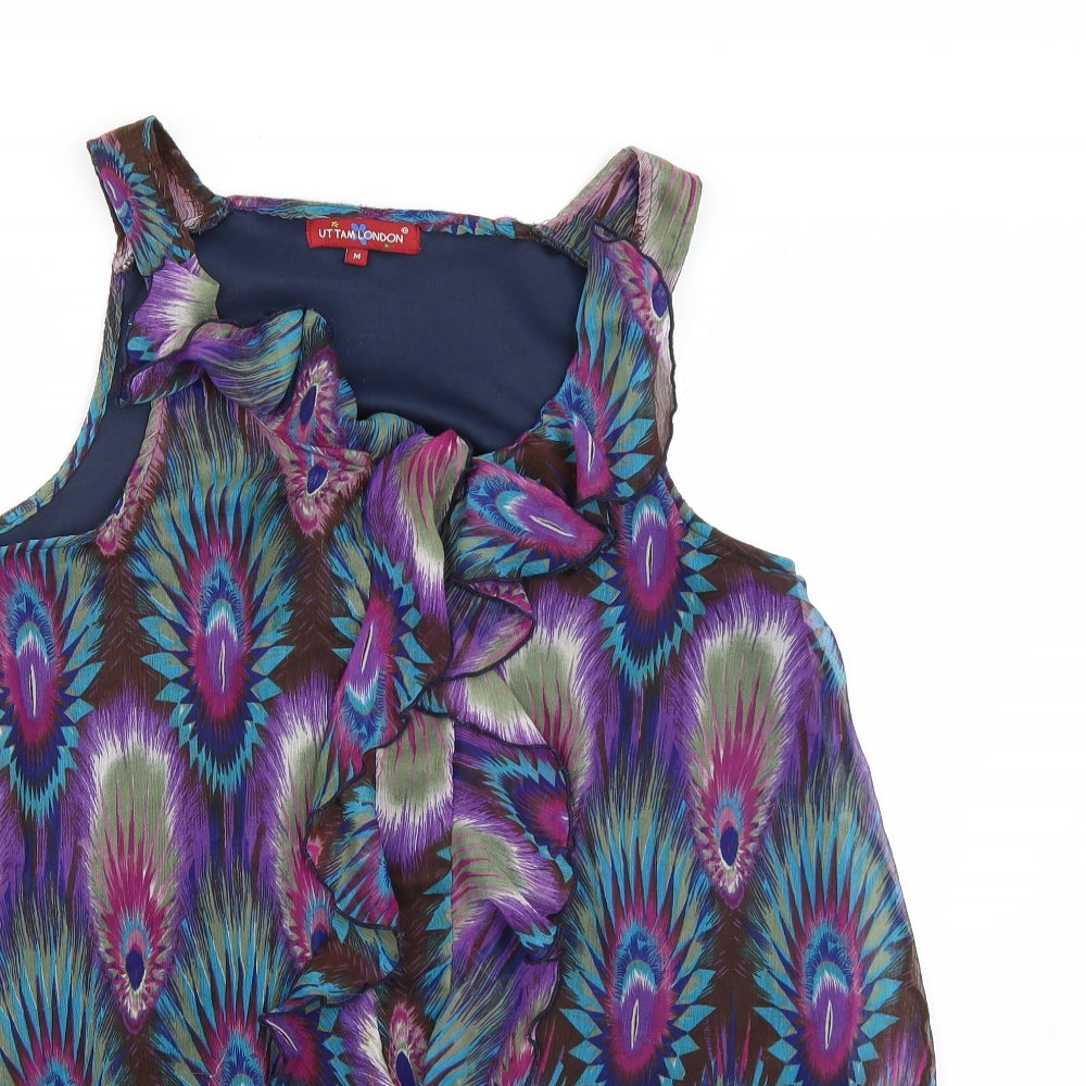 Uttam London Womens Purple Animal Print Chiffon Camisole Blouse Size M