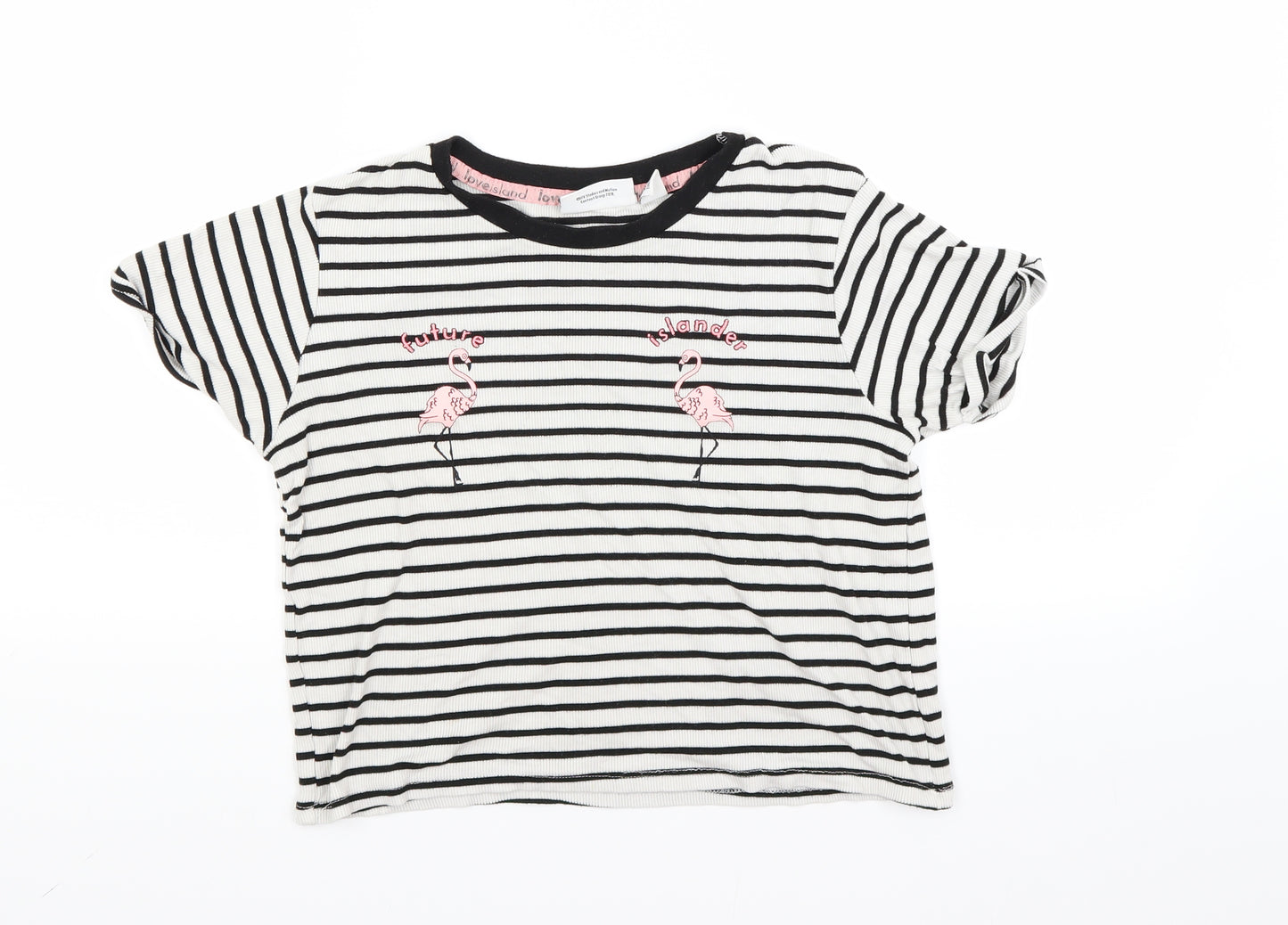 Love Island Womens White Striped  Cropped T-Shirt Size 10