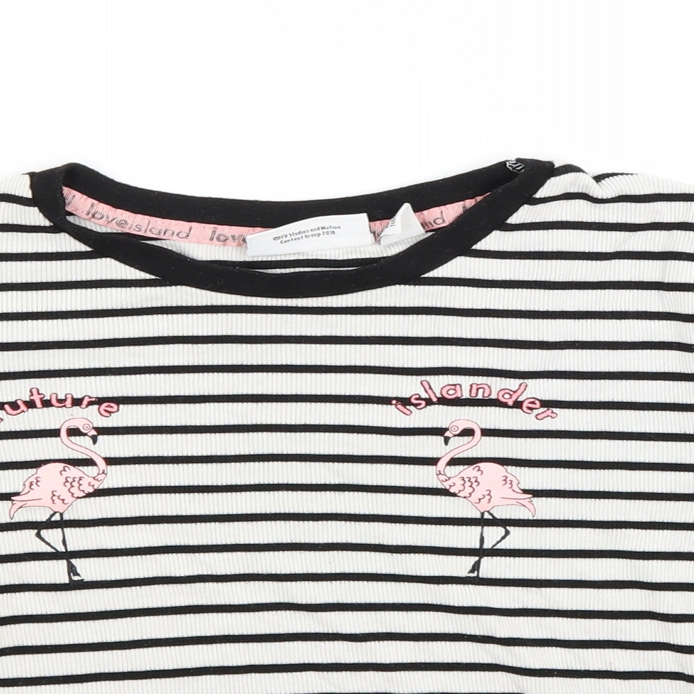 Love Island Womens White Striped  Cropped T-Shirt Size 10