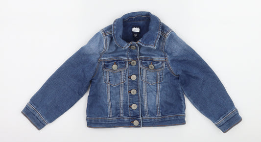 Front view of Gap girls’ blue denim jacket, size 3, years
