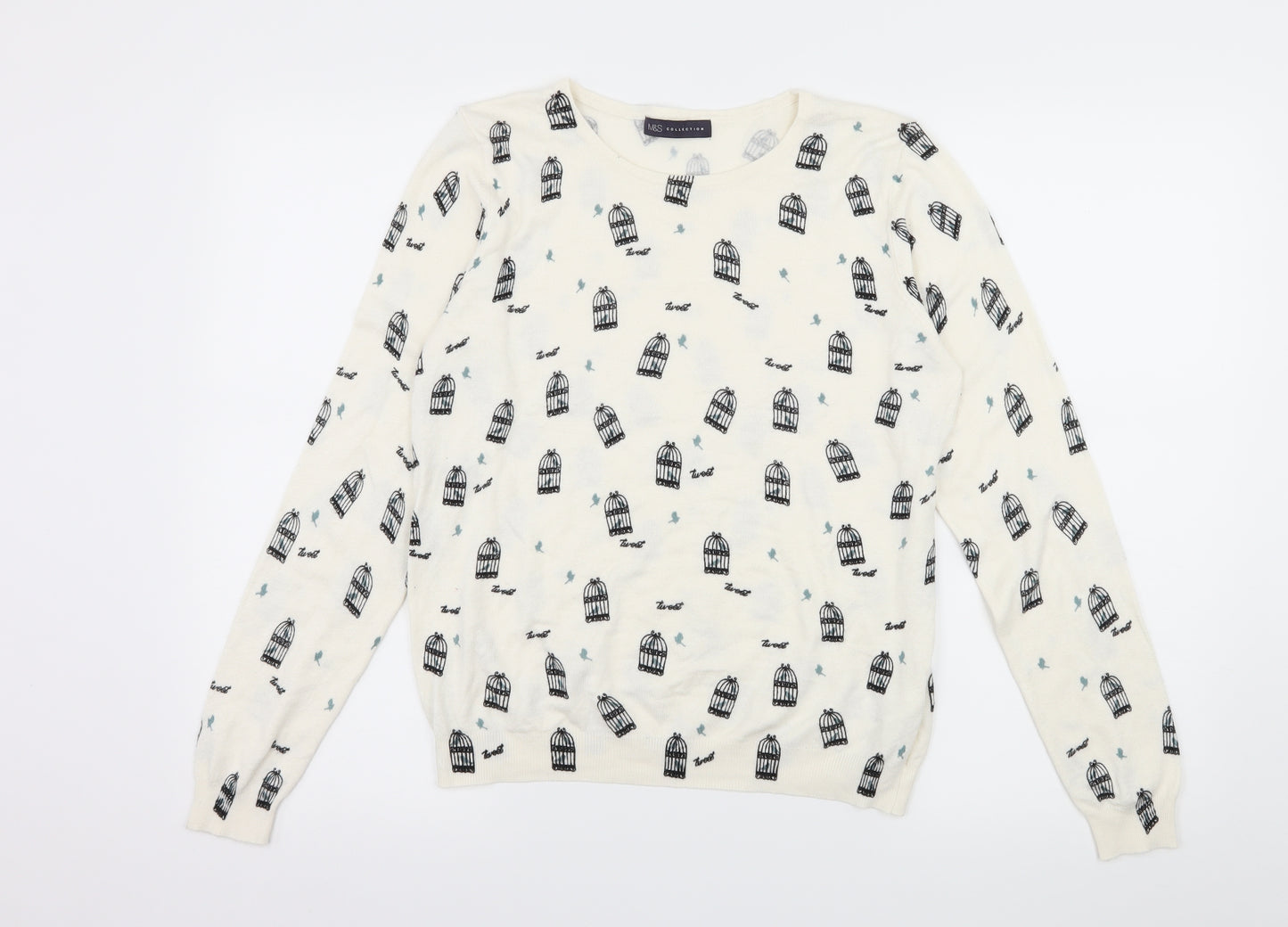 Marks and Spencer Womens White  Knit Pullover Jumper Size 14  - Bird Cage print