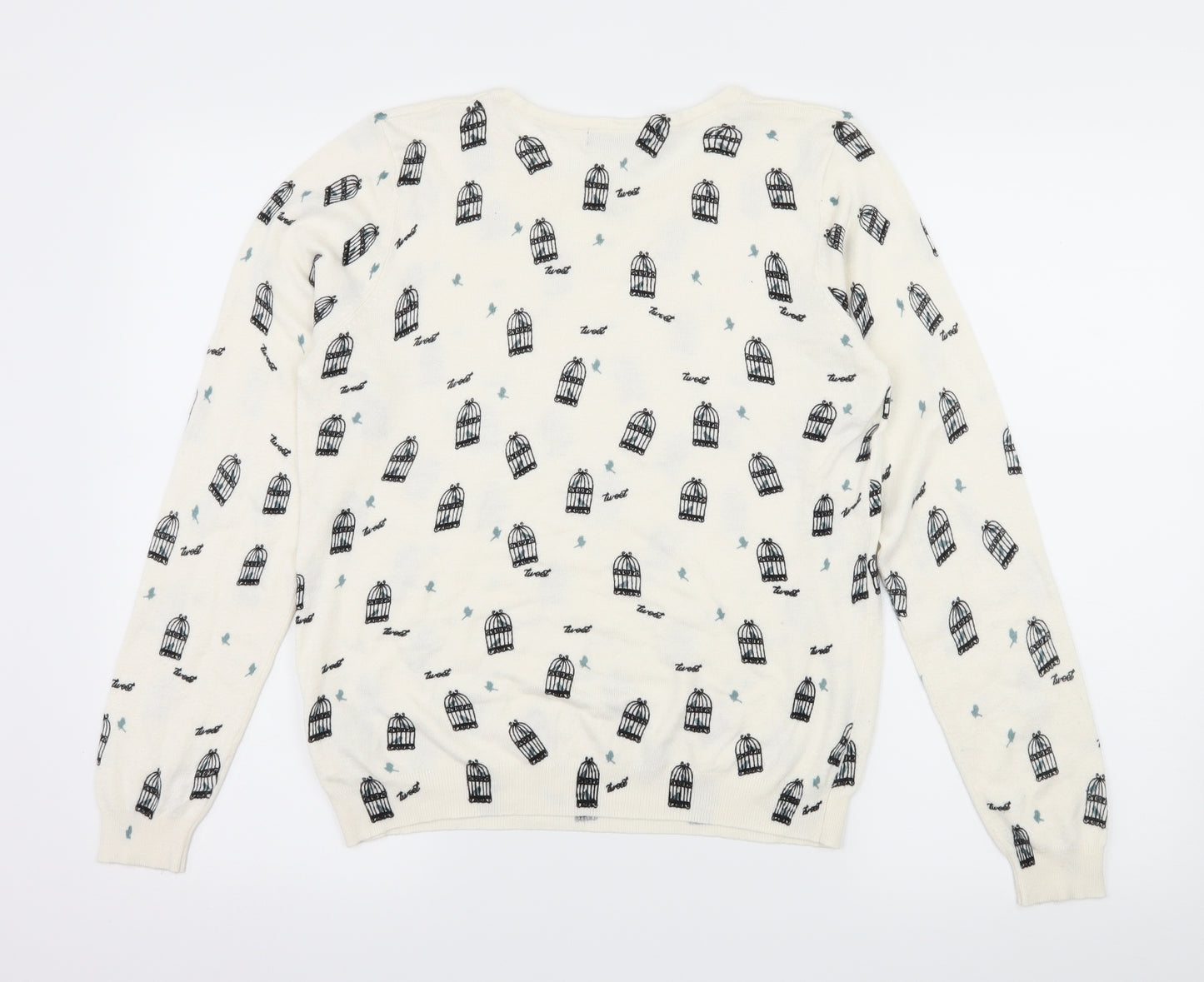 Marks and Spencer Womens White  Knit Pullover Jumper Size 14  - Bird Cage print