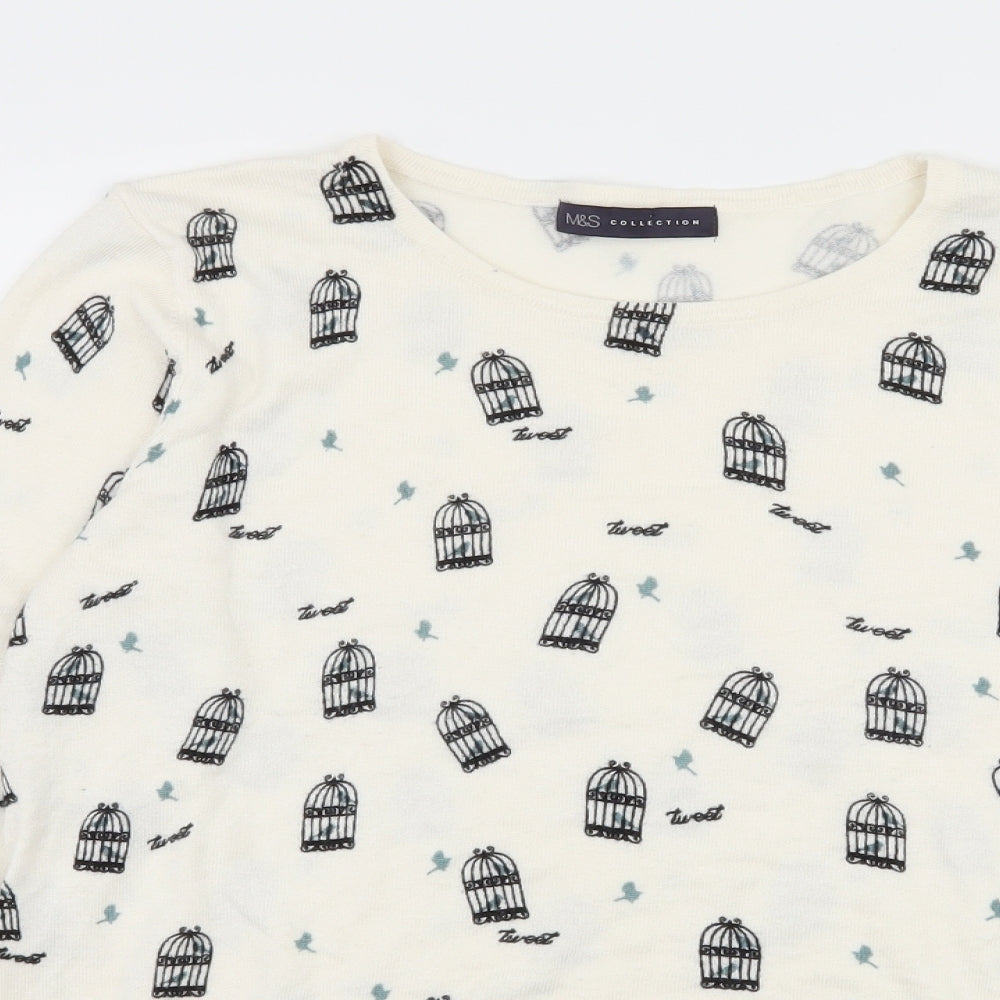 Marks and Spencer Womens White  Knit Pullover Jumper Size 14  - Bird Cage print