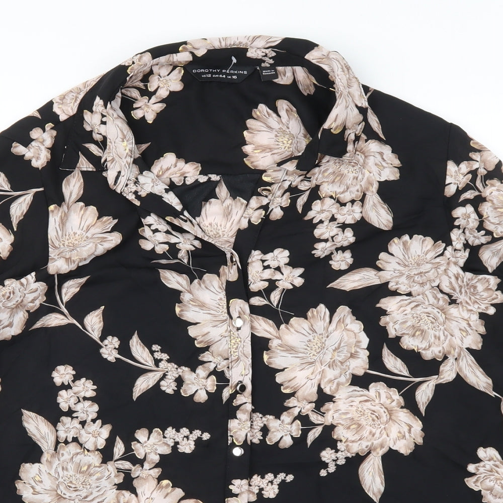 Dorothy Perkins Womens Black Floral  Basic Button-Up Size 16