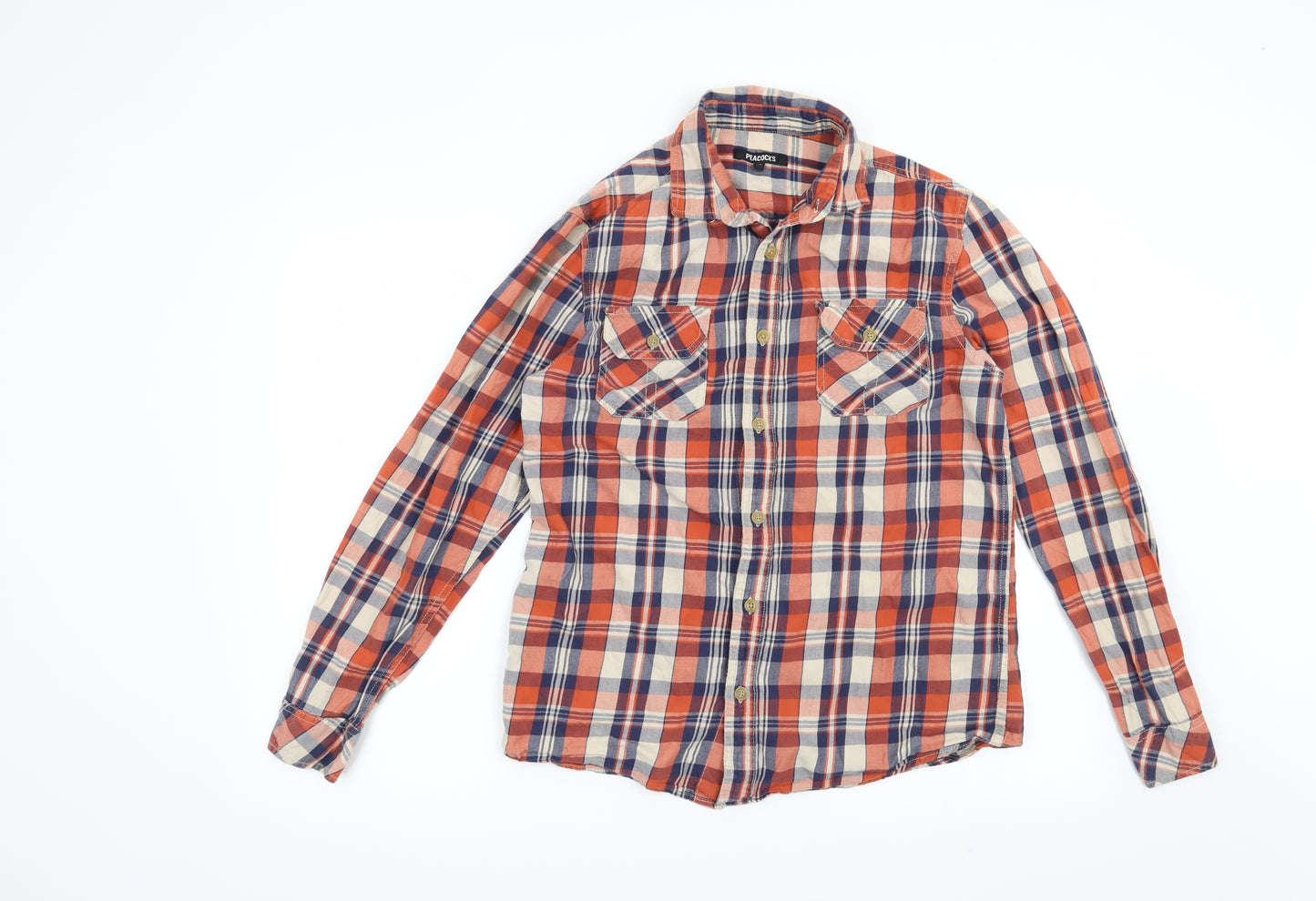 Peacocks Mens Orange Check   Button-Up Size M