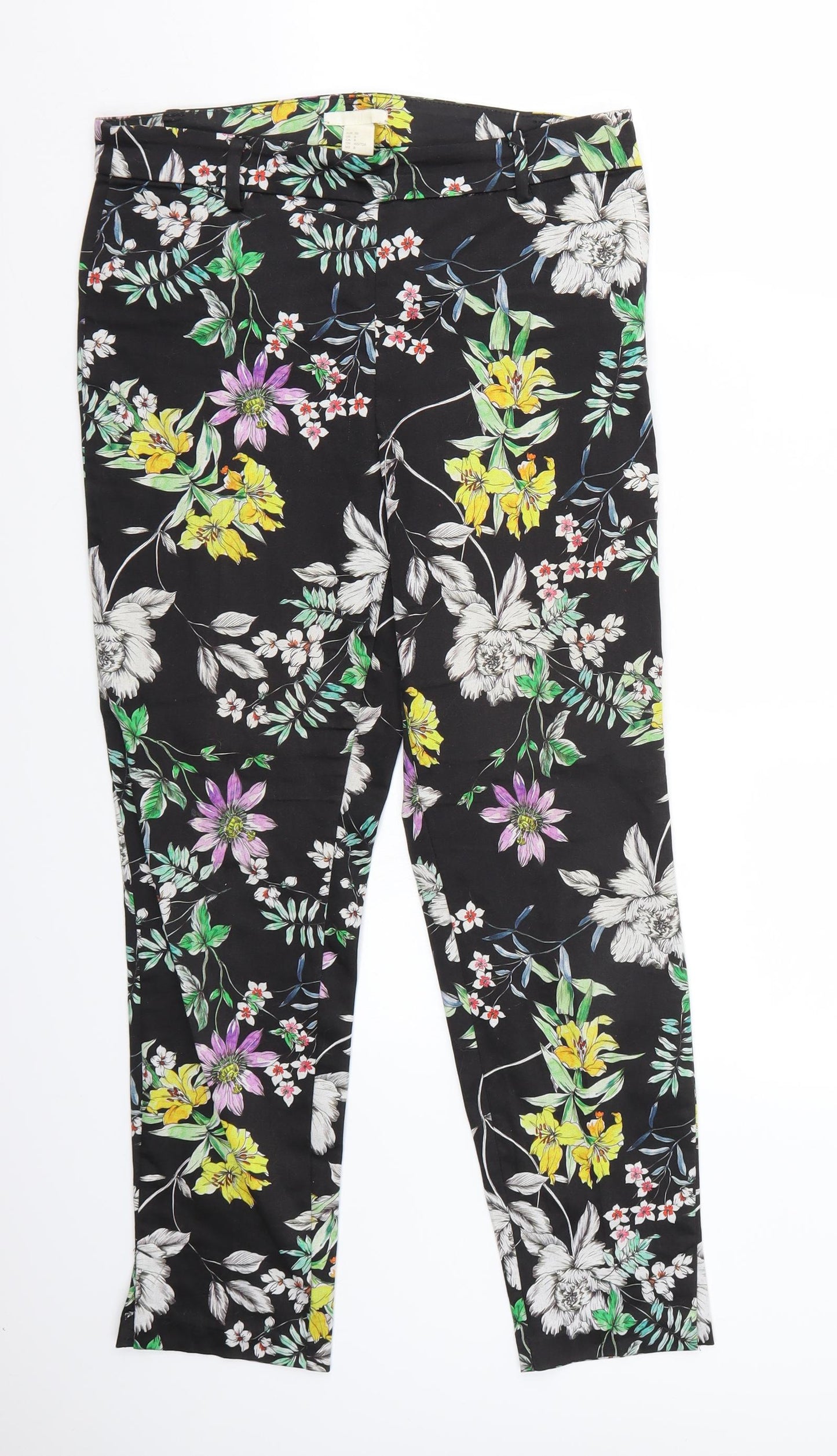 H&M Womens Black Floral  Cropped Trousers Size 8 L28 in