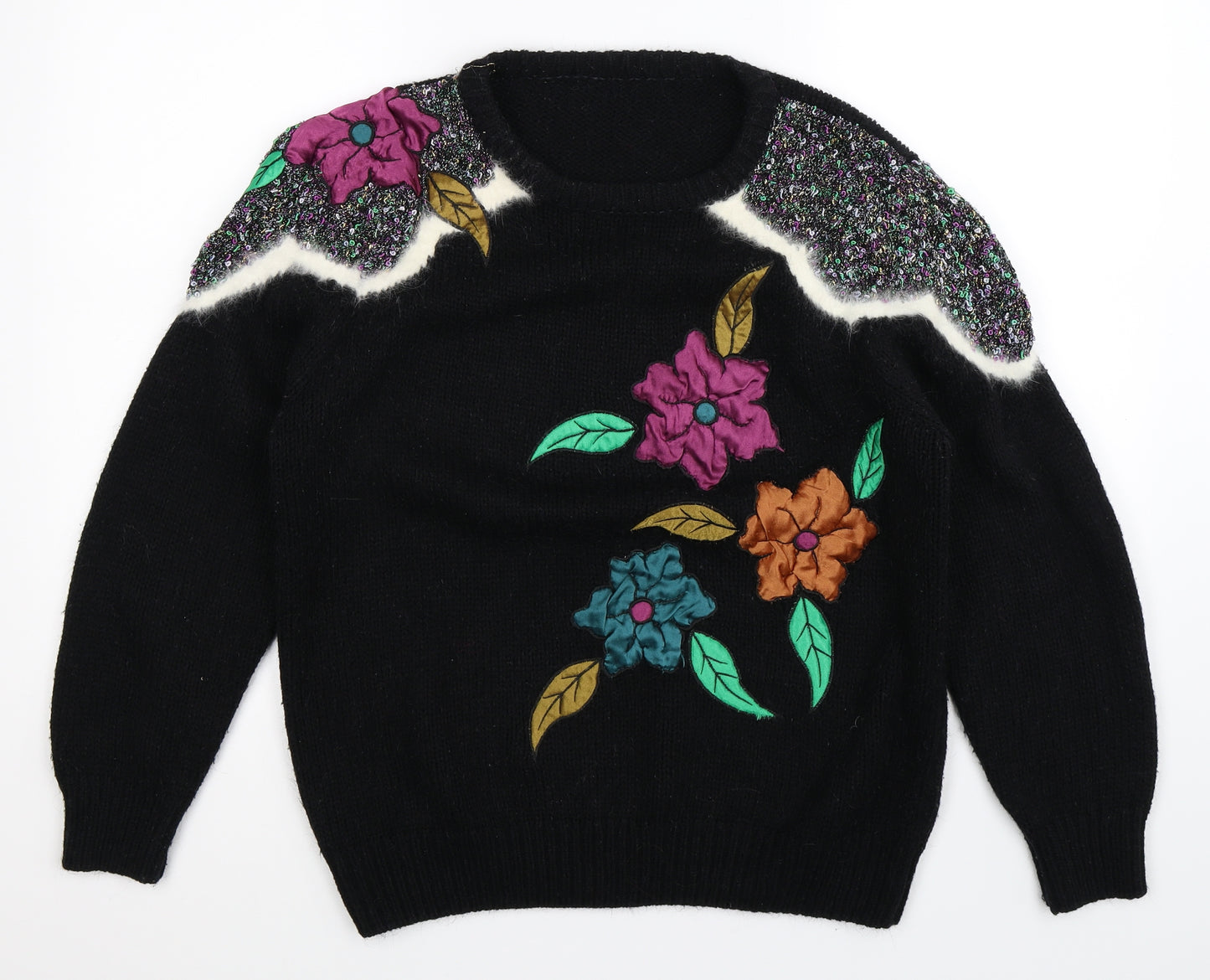Preworn Womens Black Floral Knit Pullover Jumper Size 20