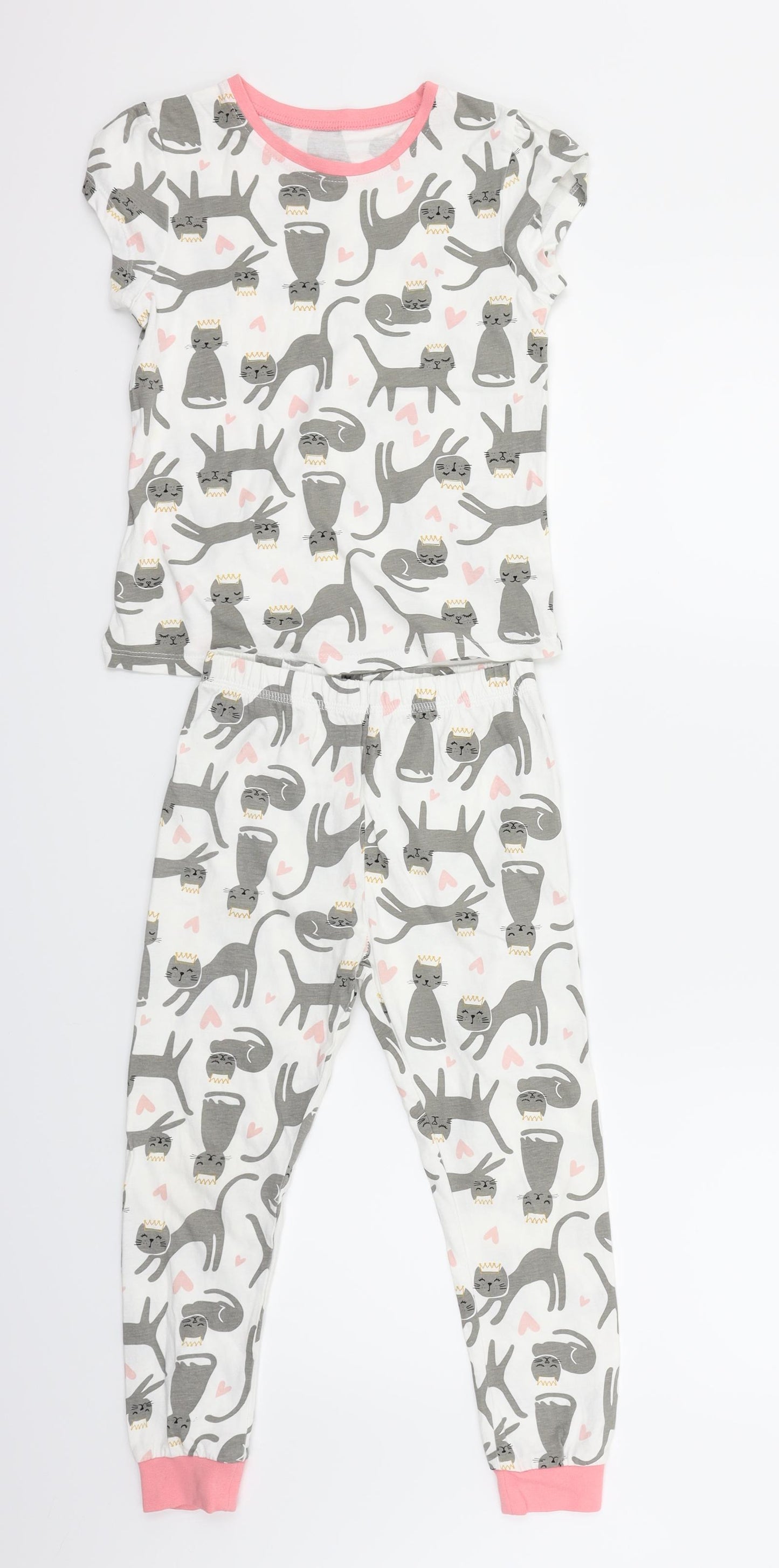 George Girls White Animal Print  Top Pyjama Set Size 5-6 Years  - Cats