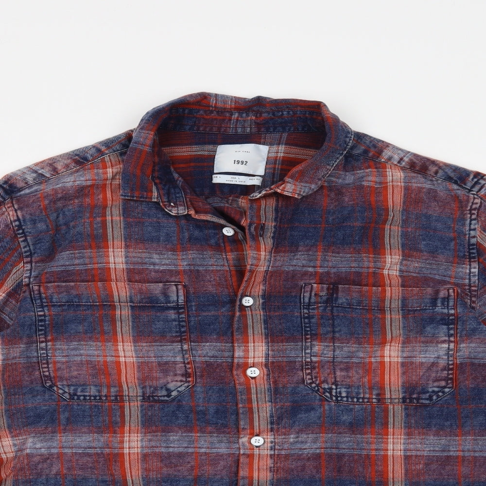 zipcode Mens Orange Check   Button-Up Size L
