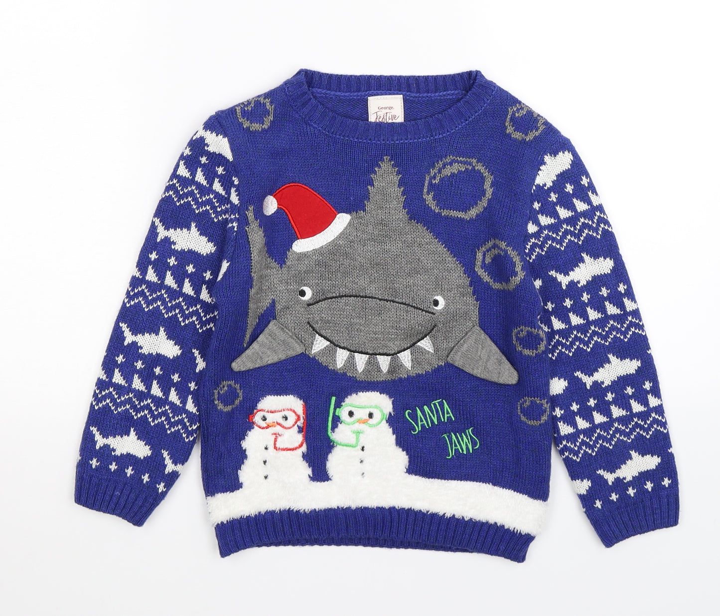 George Boys Blue  Knit Pullover Jumper Size 4-5 Years  - christmas shark