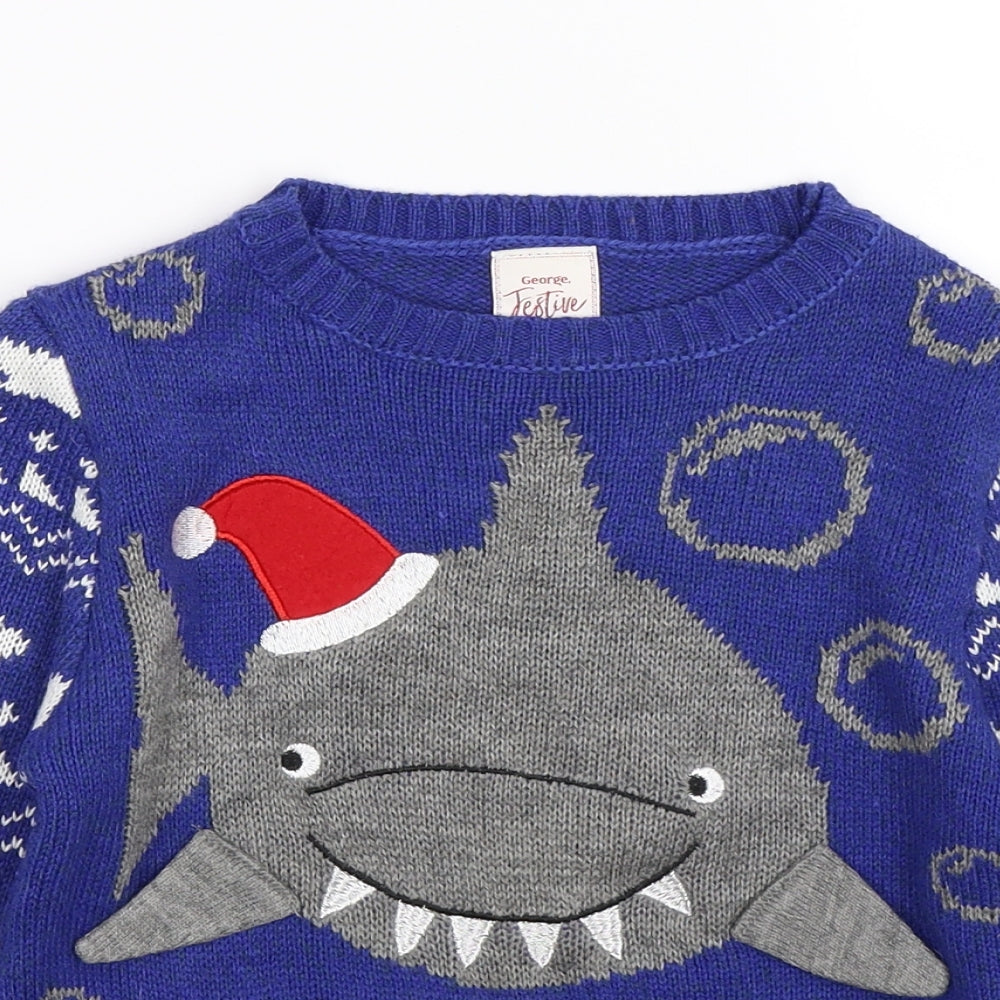 George Boys Blue  Knit Pullover Jumper Size 4-5 Years  - christmas shark