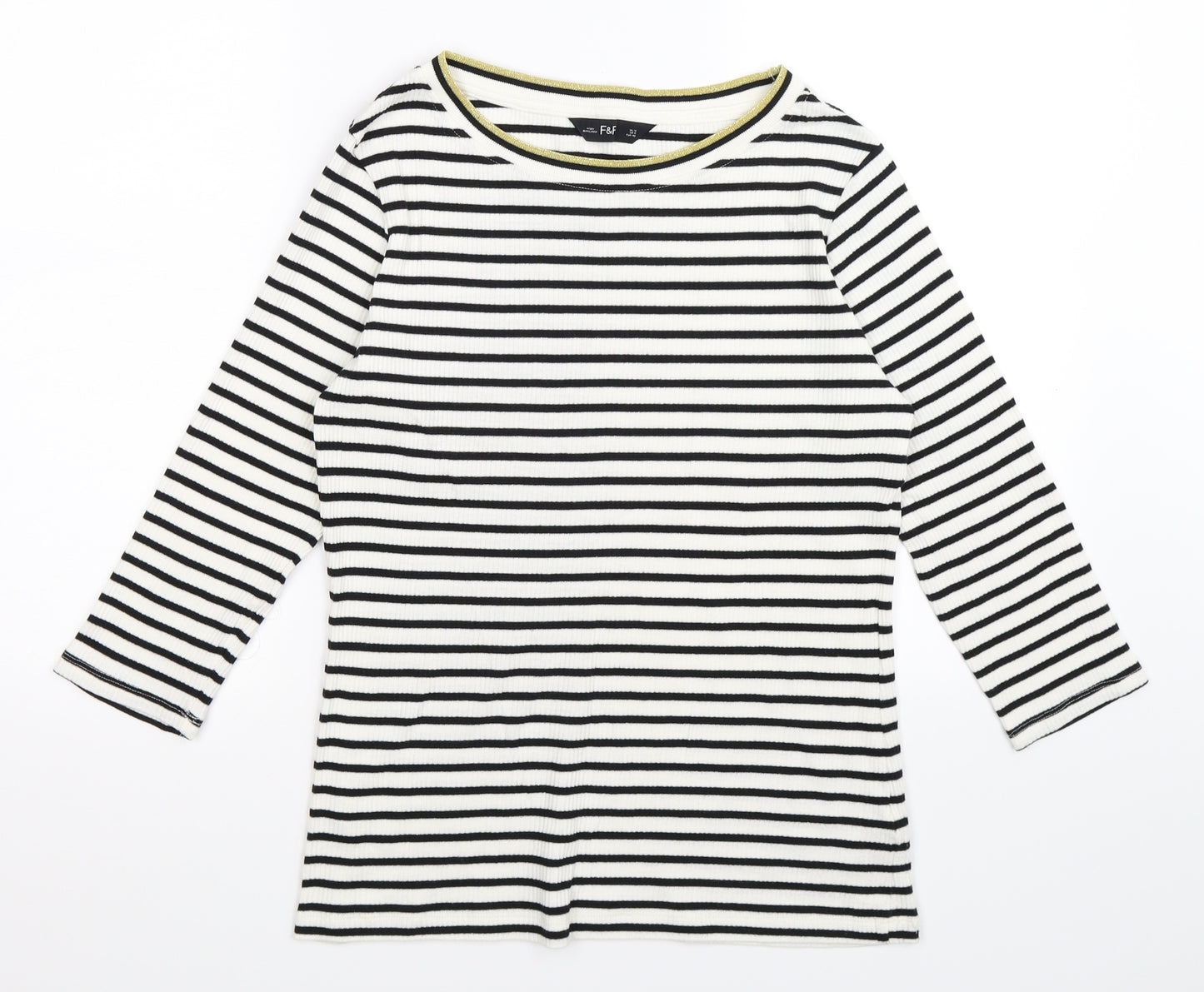 F&F Womens White Striped Knit Basic T-Shirt Size 12