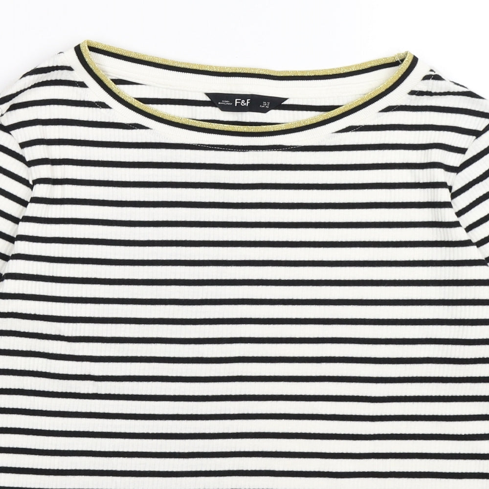 F&F Womens White Striped Knit Basic T-Shirt Size 12