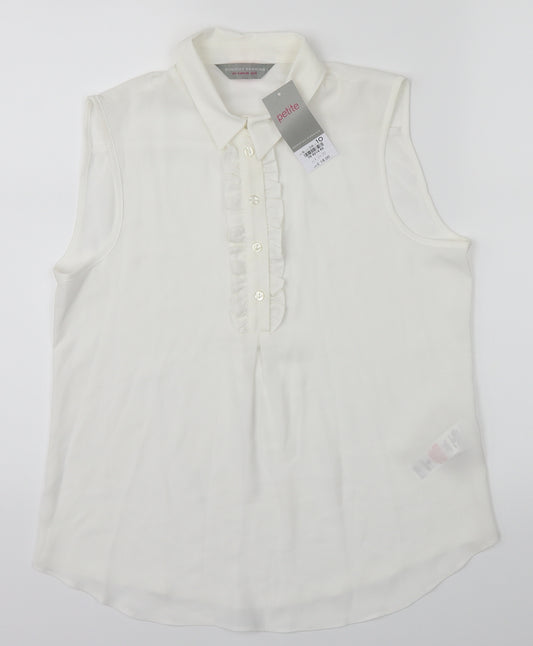 Front view of Dorothy Perkins women’s white cropped button-up, size UK 10
