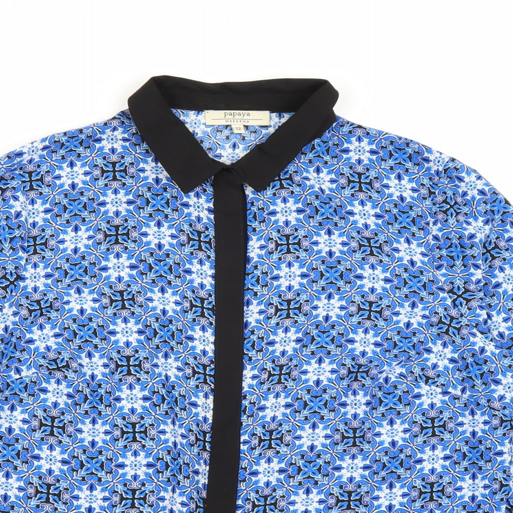 Papaya Womens Blue Geometric Chiffon Basic Blouse Size 12