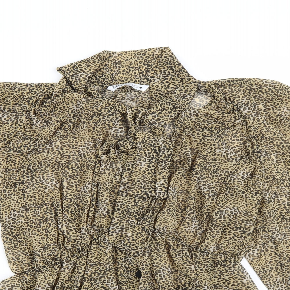 Zara Womens Brown Animal Print Chiffon Basic Blouse Size XS