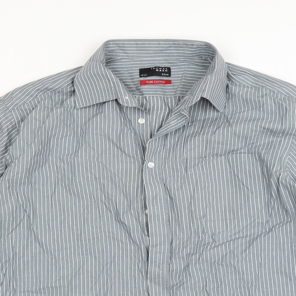 Thomas Nash Mens Blue Striped   Dress Shirt Size 16.5