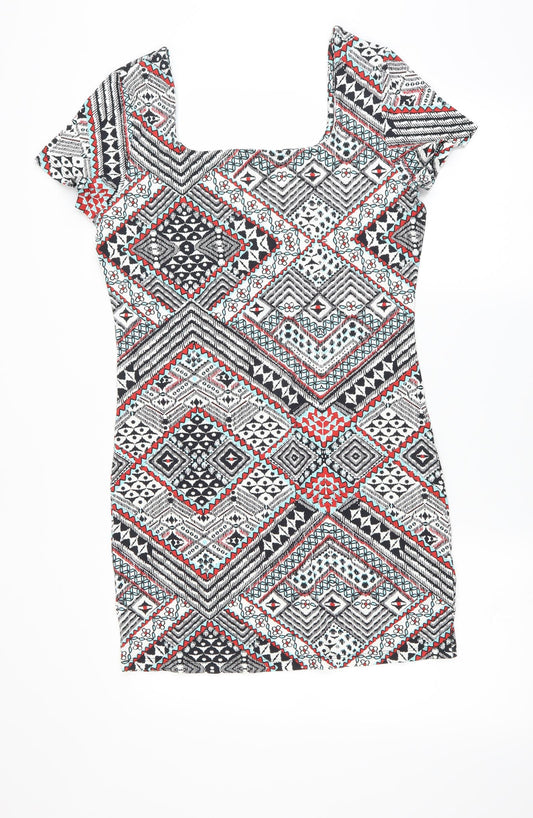 Front view of Primark women’s multicoloured geometric t-shirt dress, size UK 16