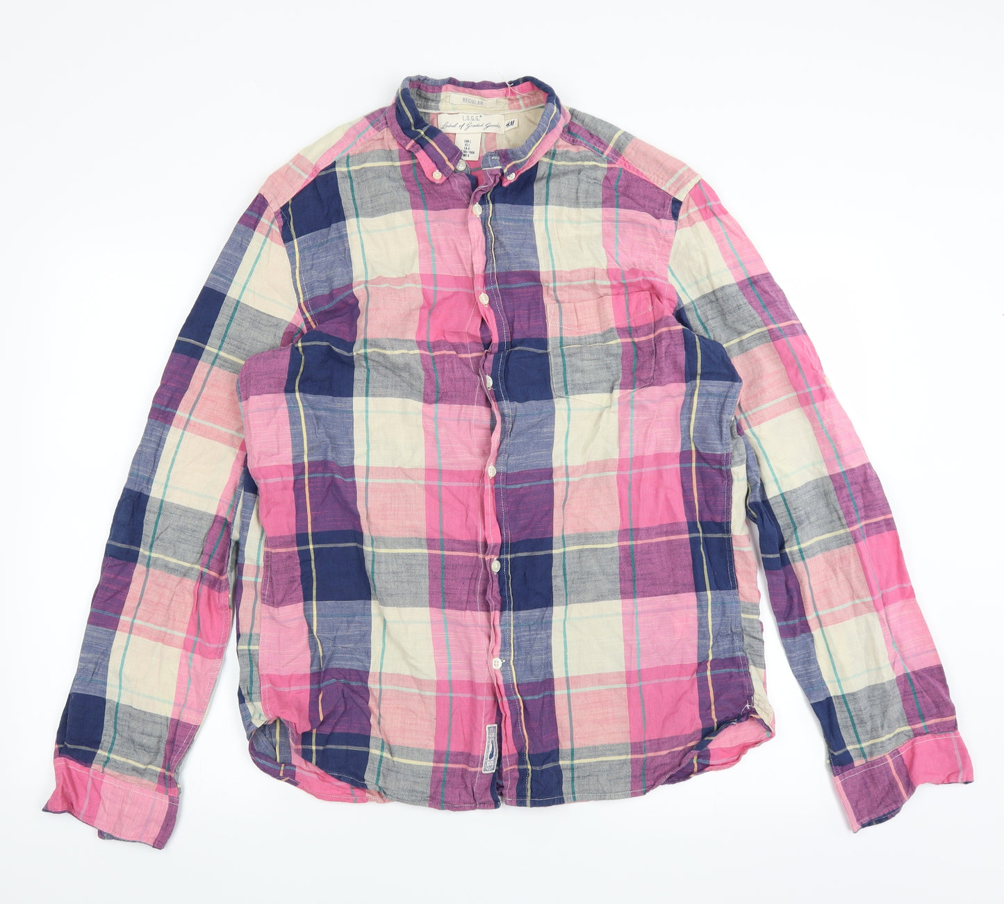 H&M Mens Pink Check   Button-Up Size L
