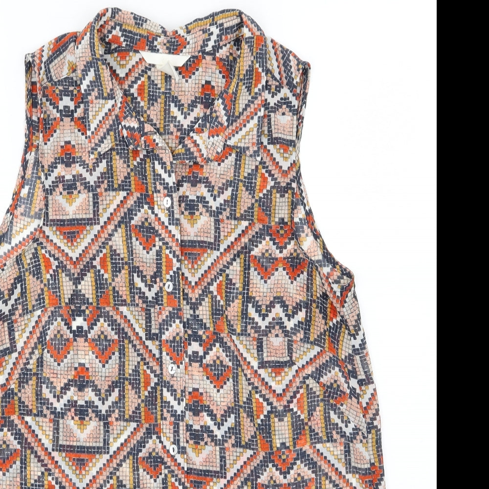 H&M Womens Multicoloured Geometric Chiffon Basic Button-Up Size 8