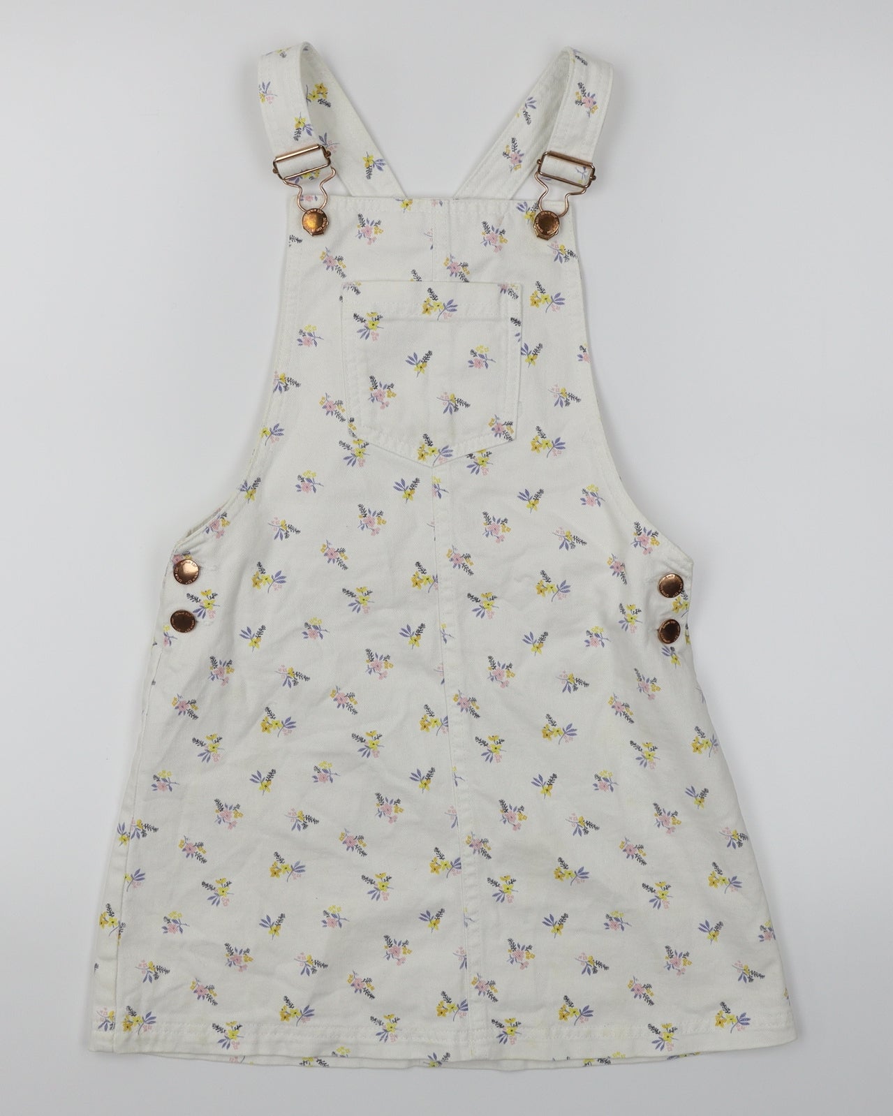 F&F Girls White Floral Denim Pinafore/Dungaree Dress  Size 8-9 Years