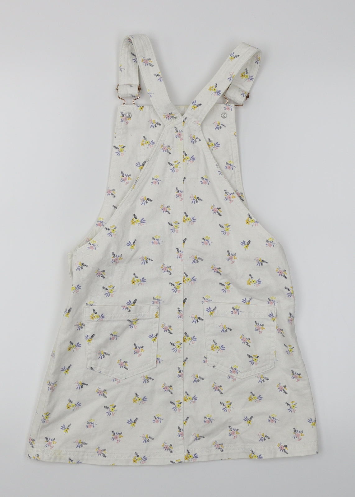 F&F Girls White Floral Denim Pinafore/Dungaree Dress  Size 8-9 Years