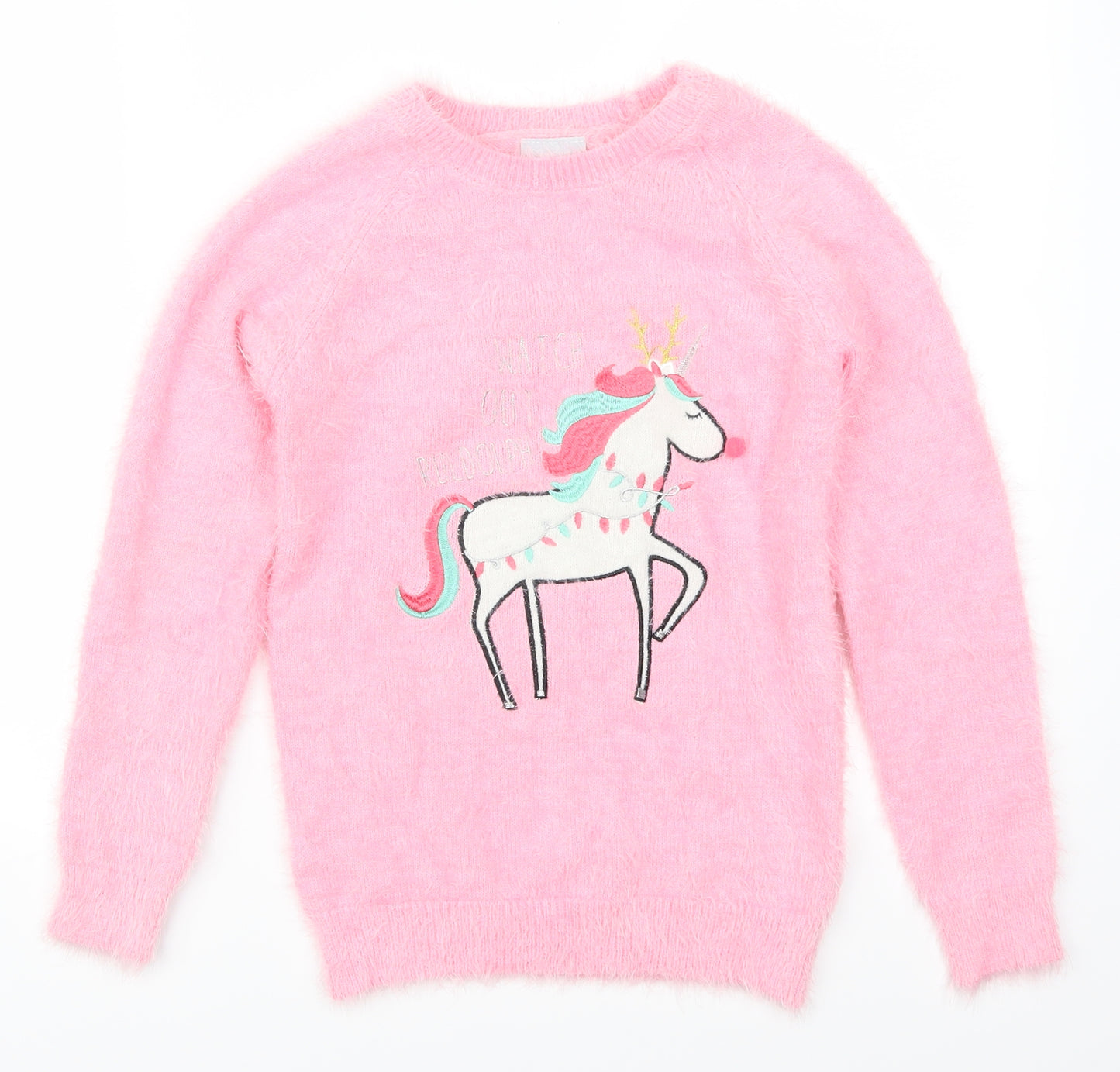 Matalan Girls Pink   Pullover Jumper Size 12 Years  - Watch Out Rudolph Unicorn