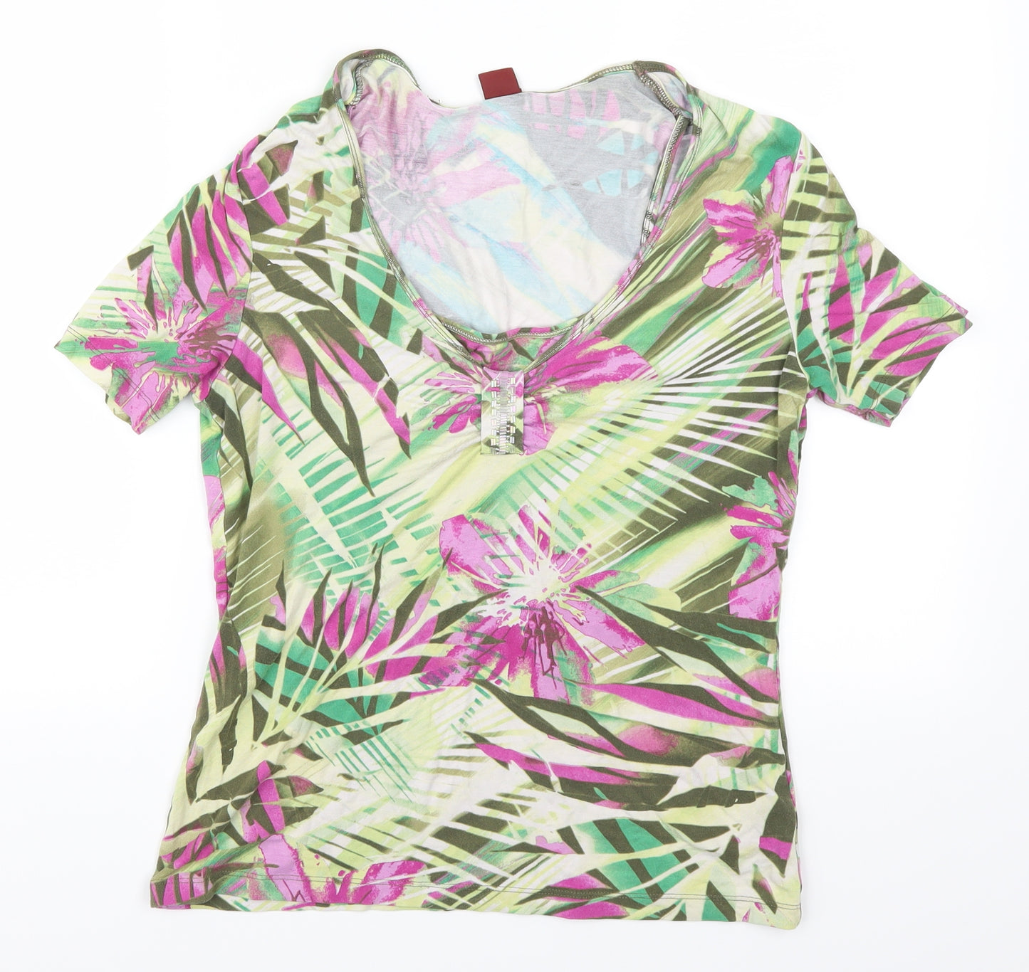 Olsen Womens Green Floral  Basic T-Shirt Size 12  - Pink Flowers