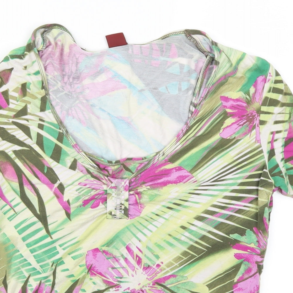 Olsen Womens Green Floral  Basic T-Shirt Size 12  - Pink Flowers