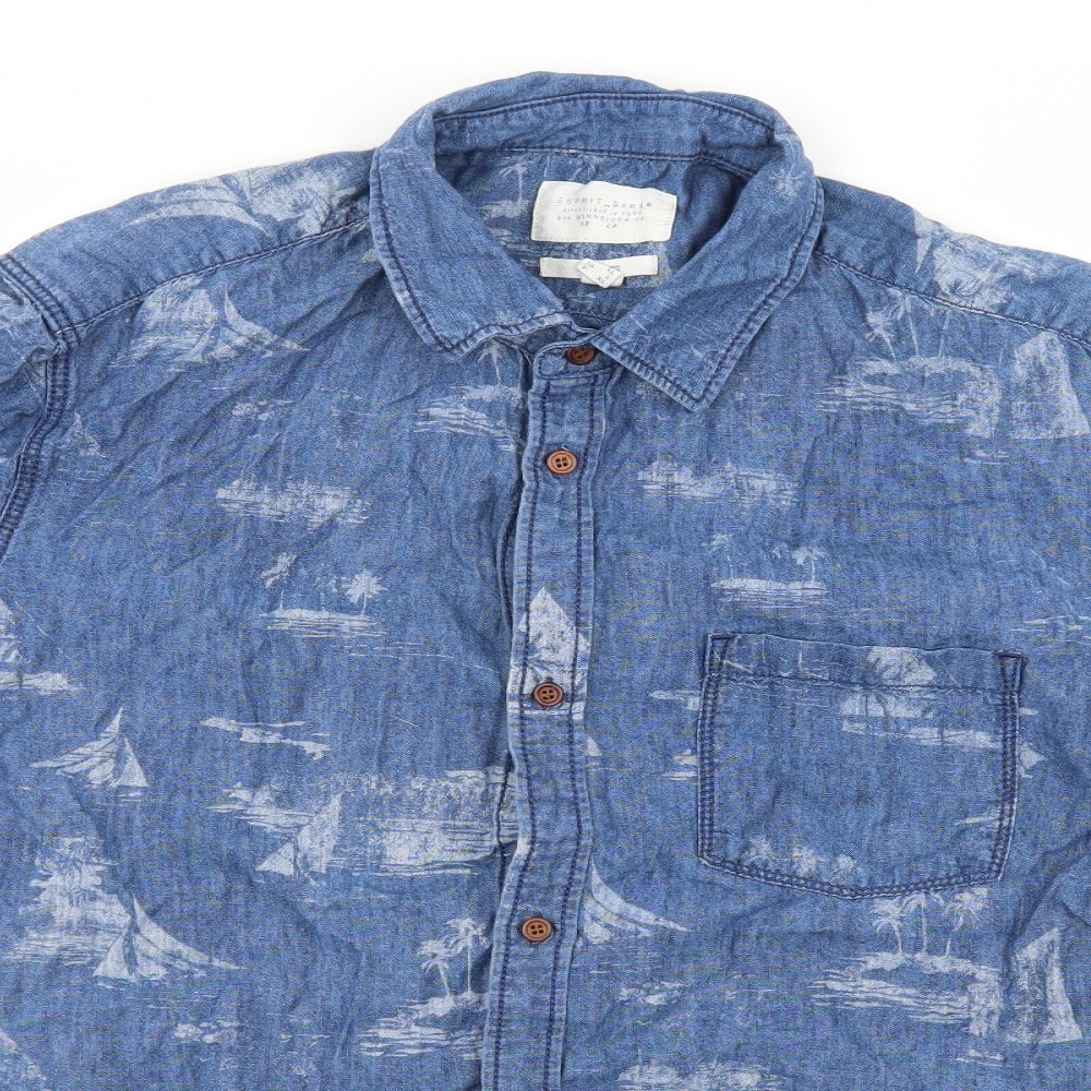 E spirit Mens Blue Geometric   Button-Up Size L  - Palm Tree