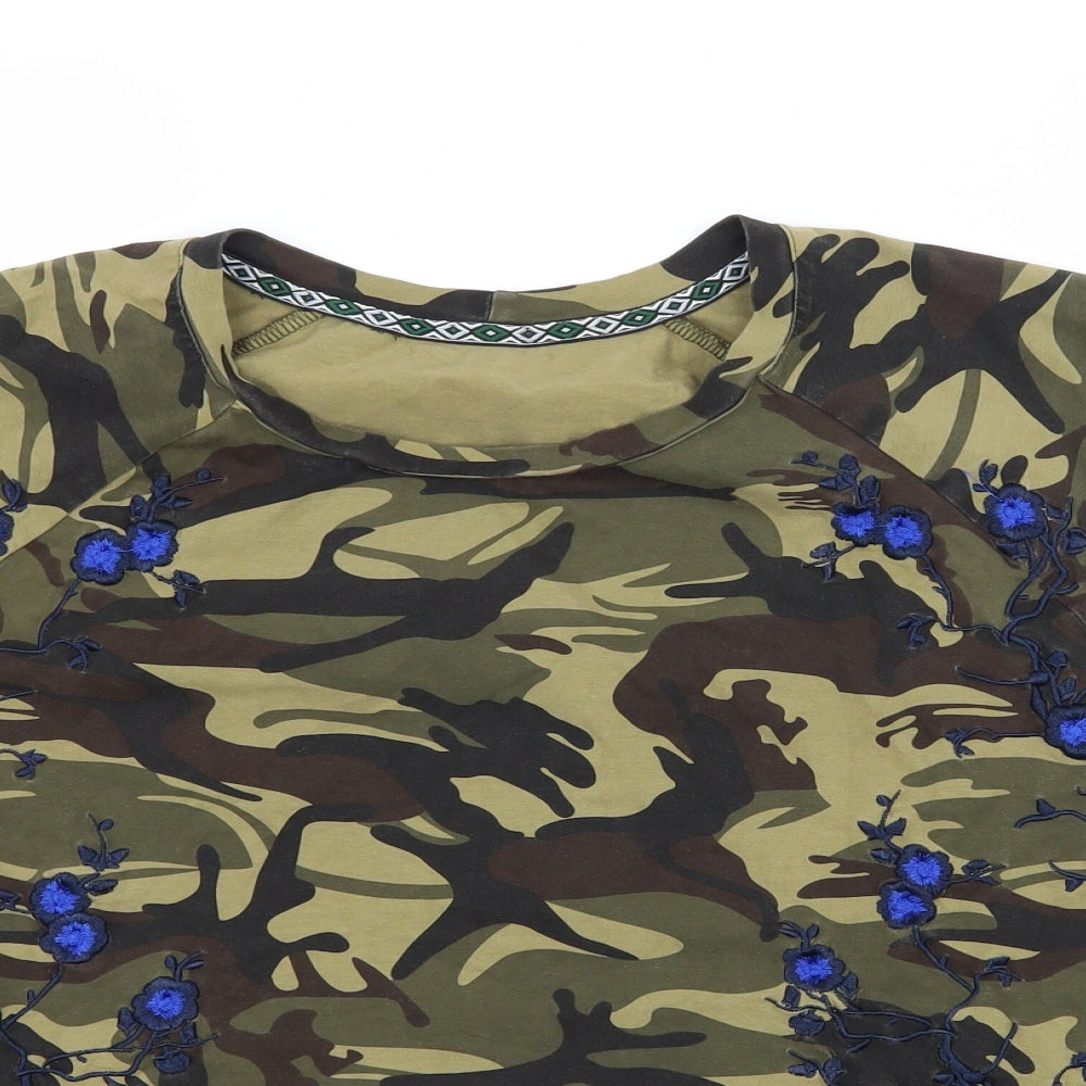 Preworn Womens Green Camouflage Jersey Basic T-Shirt Size L  - Flower