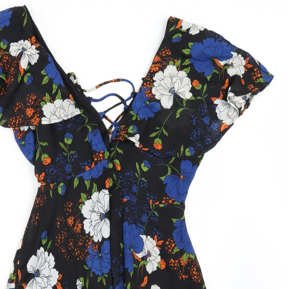 Boohoo Womens Black Floral  A-Line  Size 10