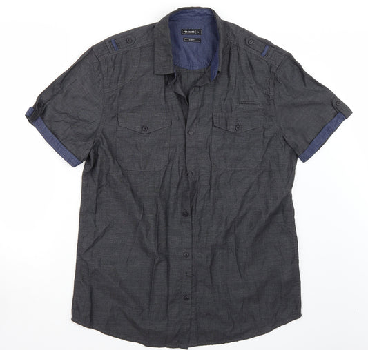 Front view of Peacocks men’s grey button-up, size L