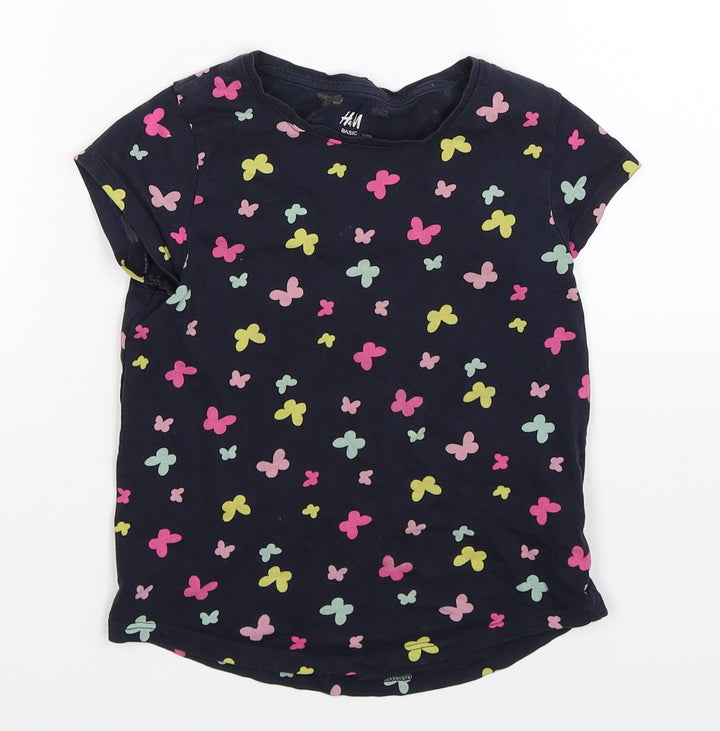 H&M Girls Blue Floral Basic T-Shirt Size 5-6 Years