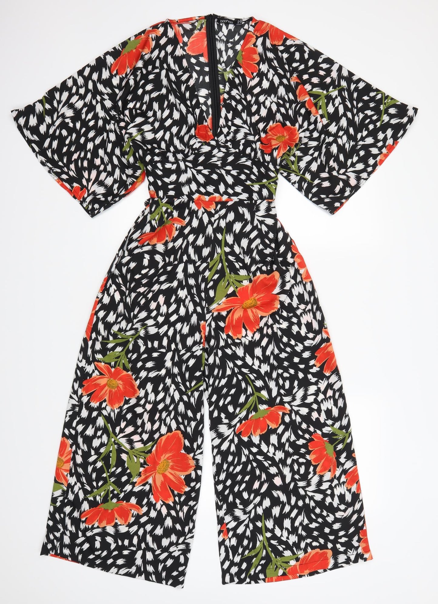 Boohoo Womens Black Floral  Jumpsuit One-Piece Size 10