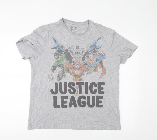 Front view of Justice League men’s grey t-shirt, size L