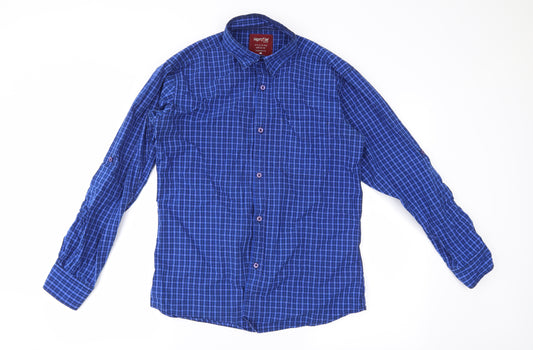 Front view of hiprofile men’s blue plaid button-up, size L