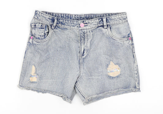Front view of Tu girls’ blue hot pants shorts, size 14, years