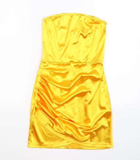 Front view of In the Style women’s yellow satin wrap dress, size UK 8
