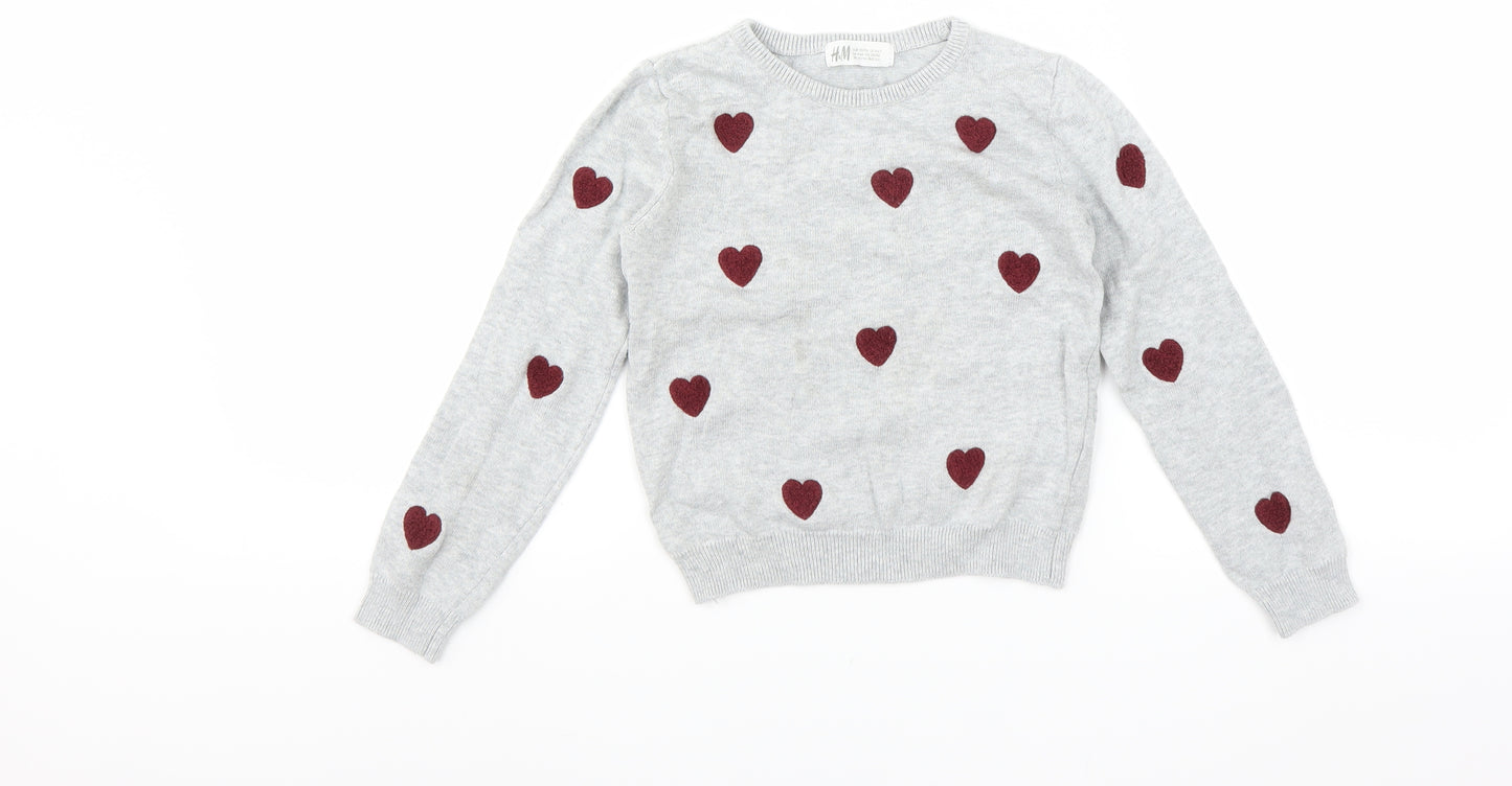 H&M Girls Grey   Pullover Jumper Size 4-5 Years  - heart print