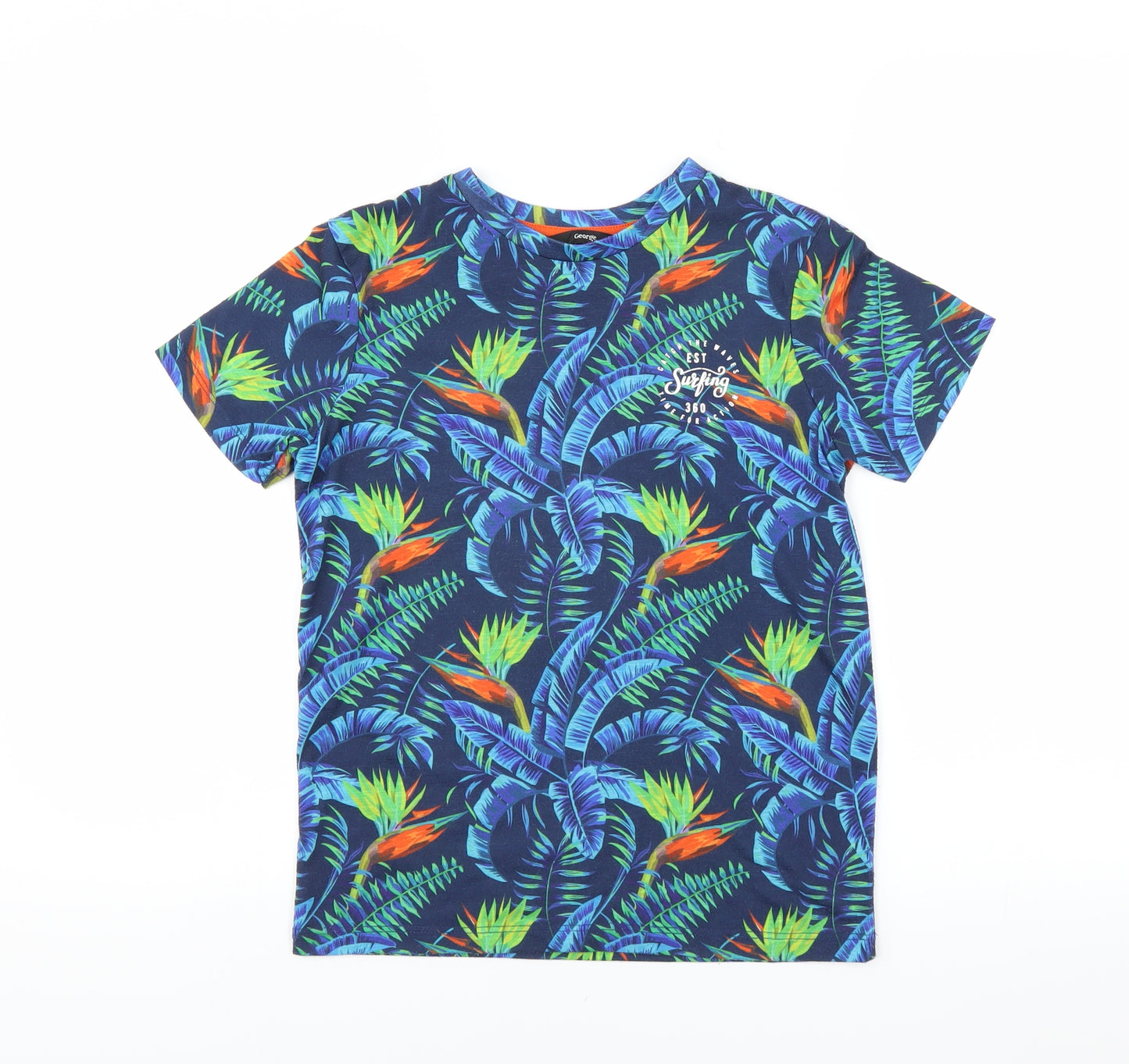 George Boys Blue   Basic T-Shirt Size 9-10 Years  - leaf print