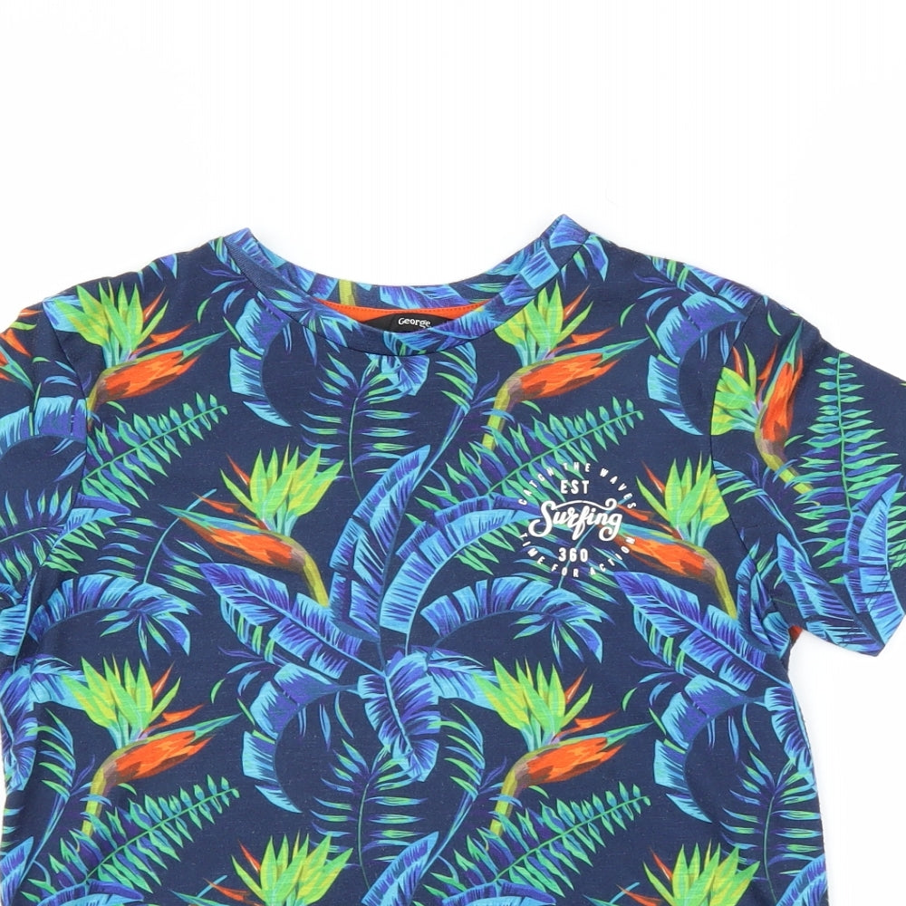 George Boys Blue   Basic T-Shirt Size 9-10 Years  - leaf print