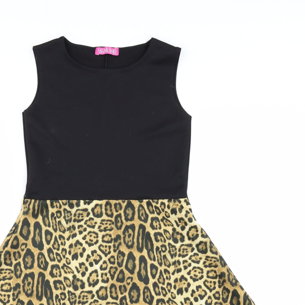 Sugar Babe Girls Black Animal Print  Skater Dress  Size 9-10 Years