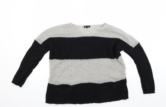 Front view of Brave Soul women’s grey striped jumper, size UK 10