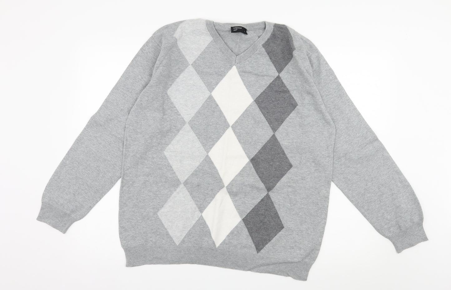 Cedar Wood State Mens Grey Argyle/Diamond Knit Pullover Jumper Size L
