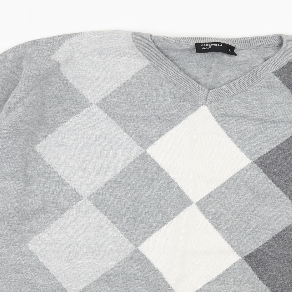Cedar Wood State Mens Grey Argyle/Diamond Knit Pullover Jumper Size L