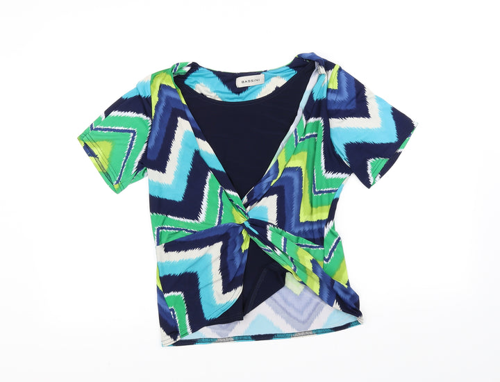 BASSINI Womens Blue Geometric Basic Blouse Size 12