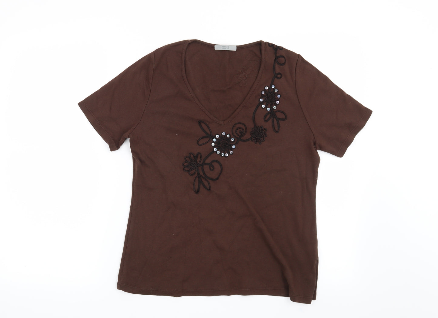 Marks and Spencer Womens Brown Floral  Basic T-Shirt Size 14