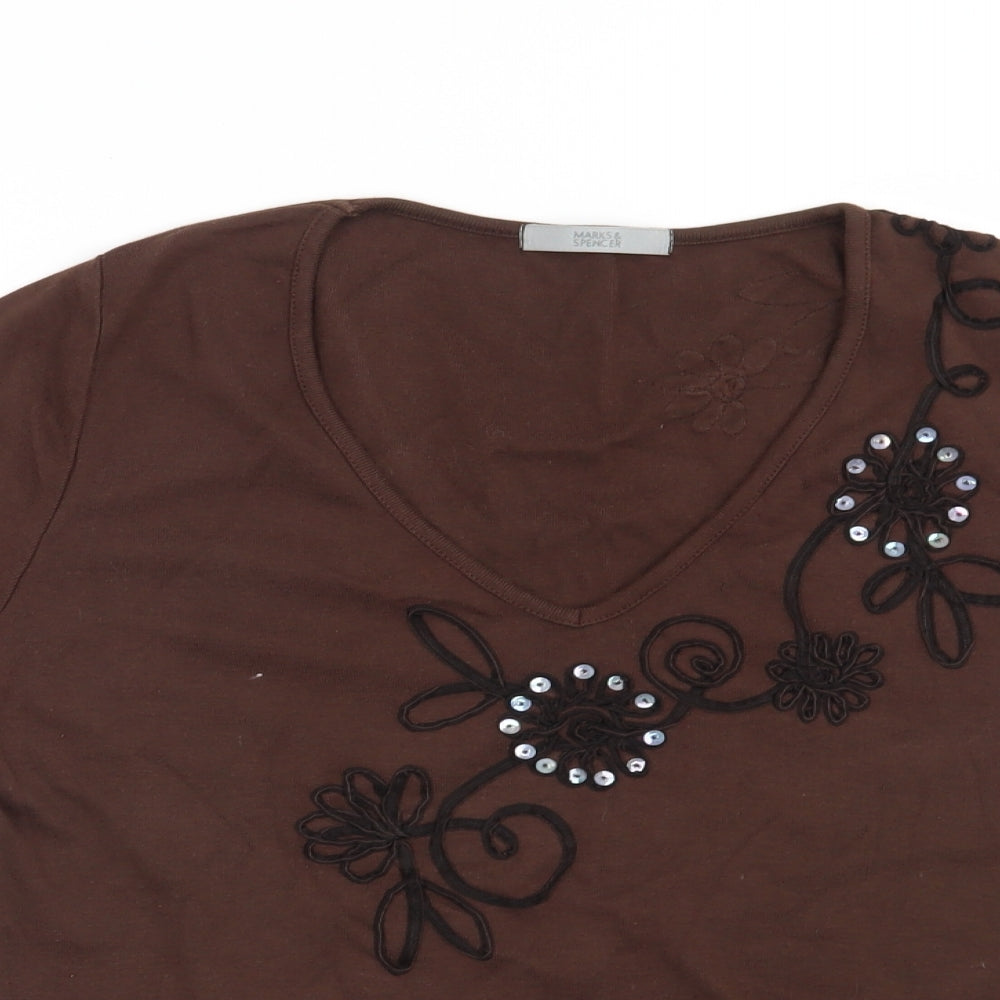 Marks and Spencer Womens Brown Floral  Basic T-Shirt Size 14