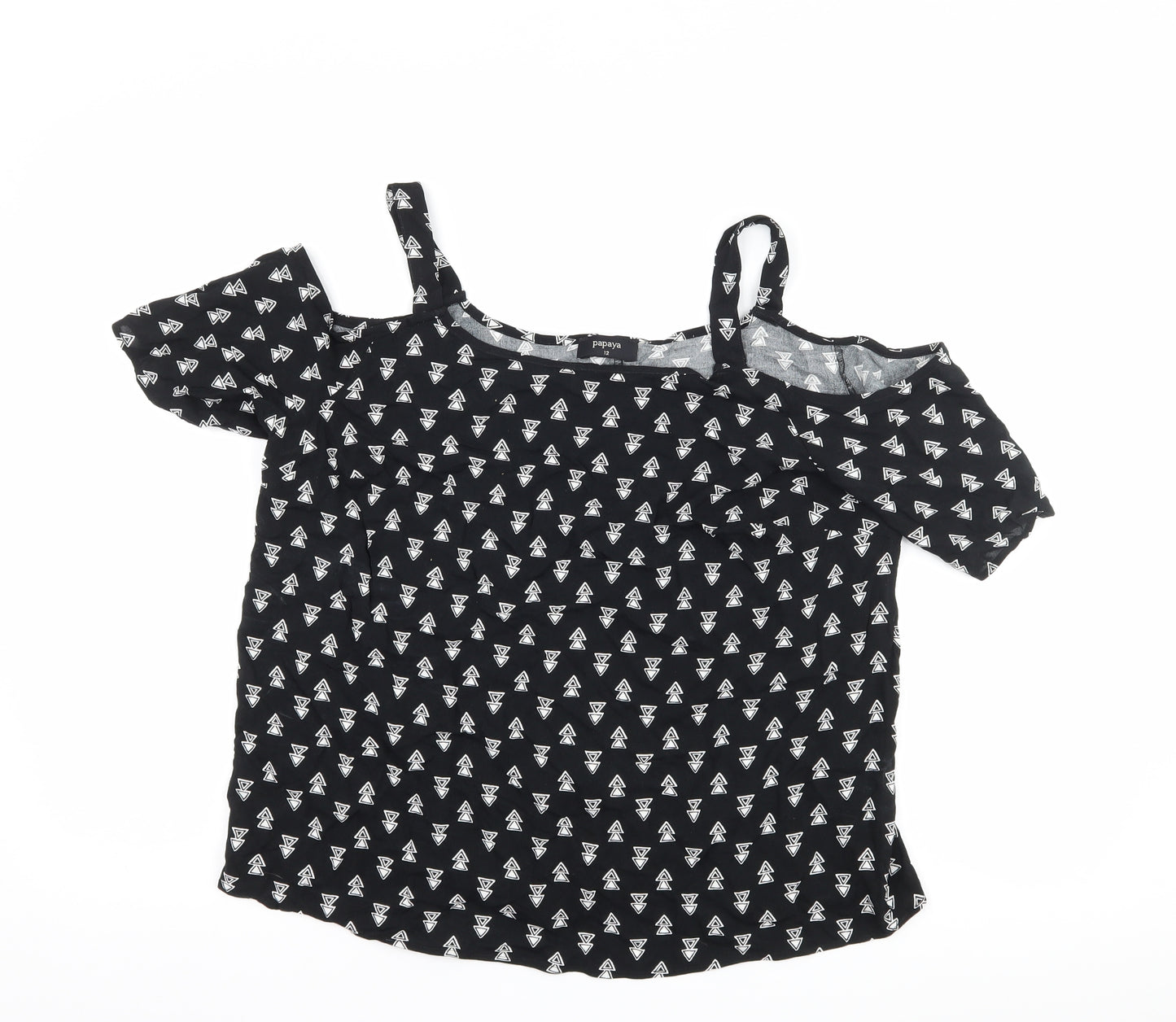 Papaya Womens Black Geometric  Basic T-Shirt Size 12  - Cut Out Shoulder